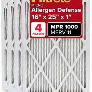 filtrete 16x25x1 ac furnace air filter, merv 11, mpr 1000, micro allergen defense, 3 month pleated 1 inch electrostatic air cleaning filter, 4 pack (actual size 15.69 x 24.69 x 0.81 in)