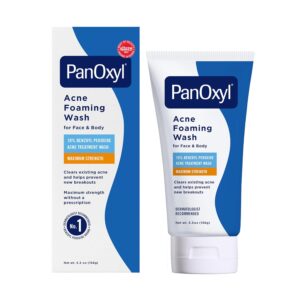 panoxyl 10% benzoyl peroxide acne foaming wash, maximum strength, daily acne fighting face and body cleanser, face wash to clear, treat and prevent acne pimples and stubborn breakouts, 5.5 oz tube