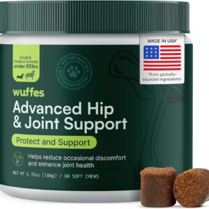 wuffes advanced dog hip and joint supplement with glucosamine, chondroitin, omega 3, msm, and green lipped mussel, 60 pork flavored chews for small and medium dog breeds