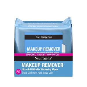 neutrogena makeup remover wipes micellar alcohol free face towelettes remove waterproof mascara & oil, compostable 100% plant based cloth, dermatologist & ophthalmologist tested, twin pack 2 x 25 ct