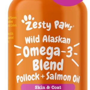 zesty paws wild alaskan omega 3 blend pollock + salmon oil for dogs and cats skin and coat support, omega 3 supplement for pets, 8.5oz