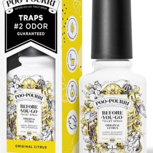 poo pourri before you go toilet spray, original citrus, 2 fl oz, up to 100 uses, bathroom odor deodorizer with essential oils for home or work, travel essentials, tsa approved size, lemon bergamot