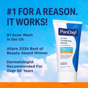panoxyl 10% benzoyl peroxide acne foaming wash, maximum strength, daily acne fighting face and body cleanser, face wash to clear, treat and prevent acne pimples and stubborn breakouts, 5.5 oz tube