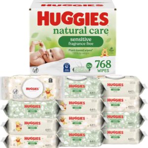 huggies natural care sensitive baby wipes, unscented, hypoallergenic, 99% purified water, 12 flip top packs (768 wipes total), packaging may vary