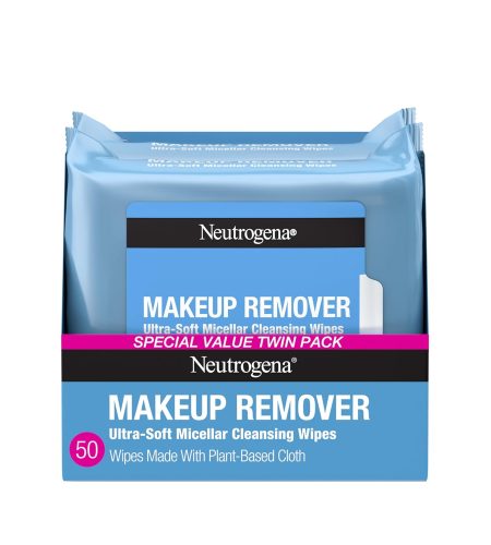 neutrogena makeup remover wipes micellar alcohol free face towelettes remove waterproof mascara & oil, compostable 100% plant based cloth, dermatologist & ophthalmologist tested, twin pack 2 x 25 ct